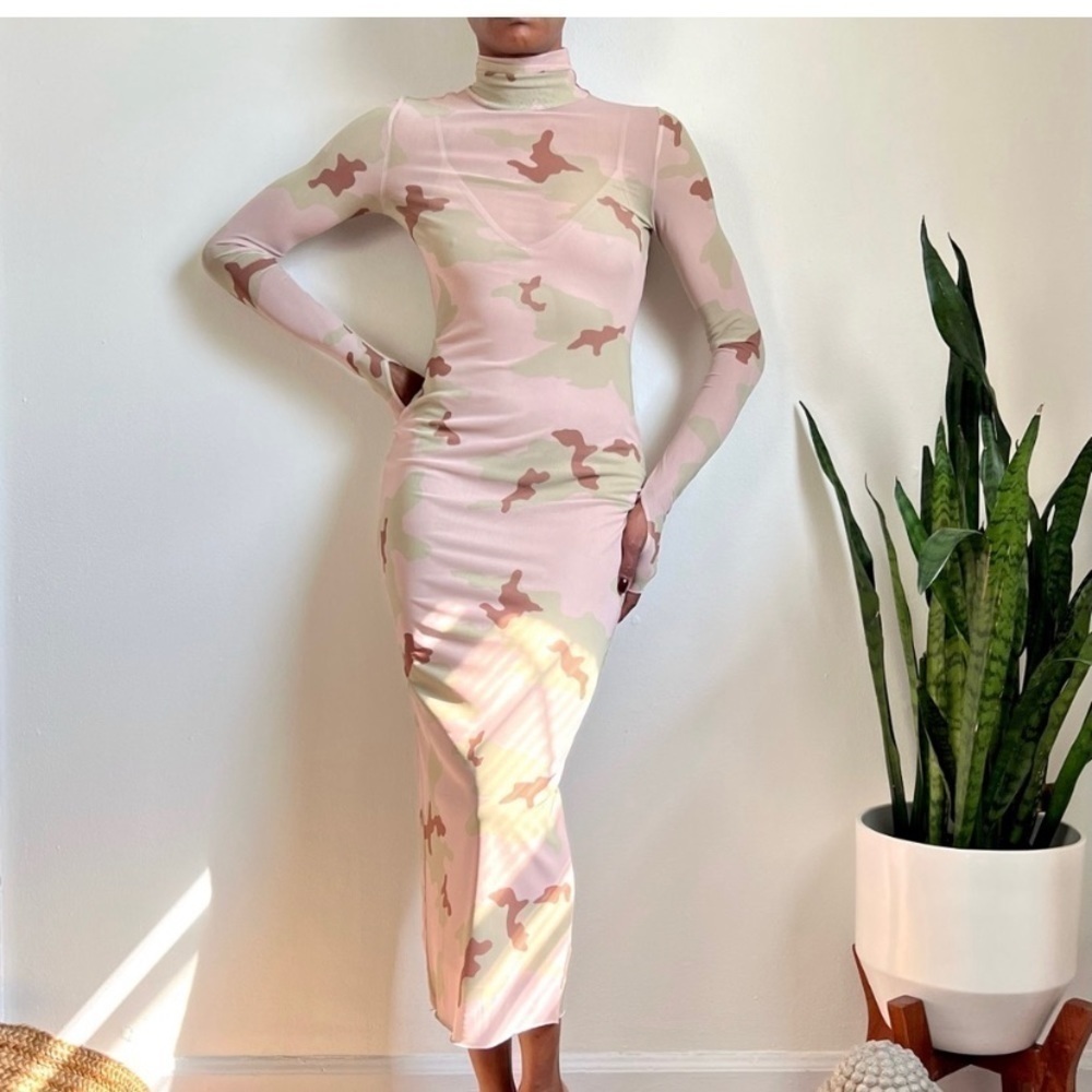Revolve AFRM Shailene Long Sleeve Mesh Camo Bodycon Dress Size L